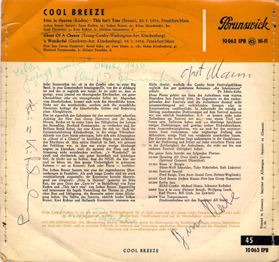 Rear of the sleeve, autographed by the band members of the New Jazz Group Hannover